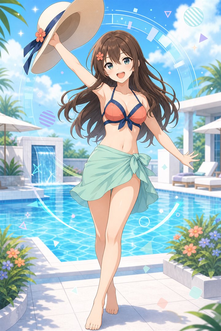 プールでコーラル色の水着を着たはるか