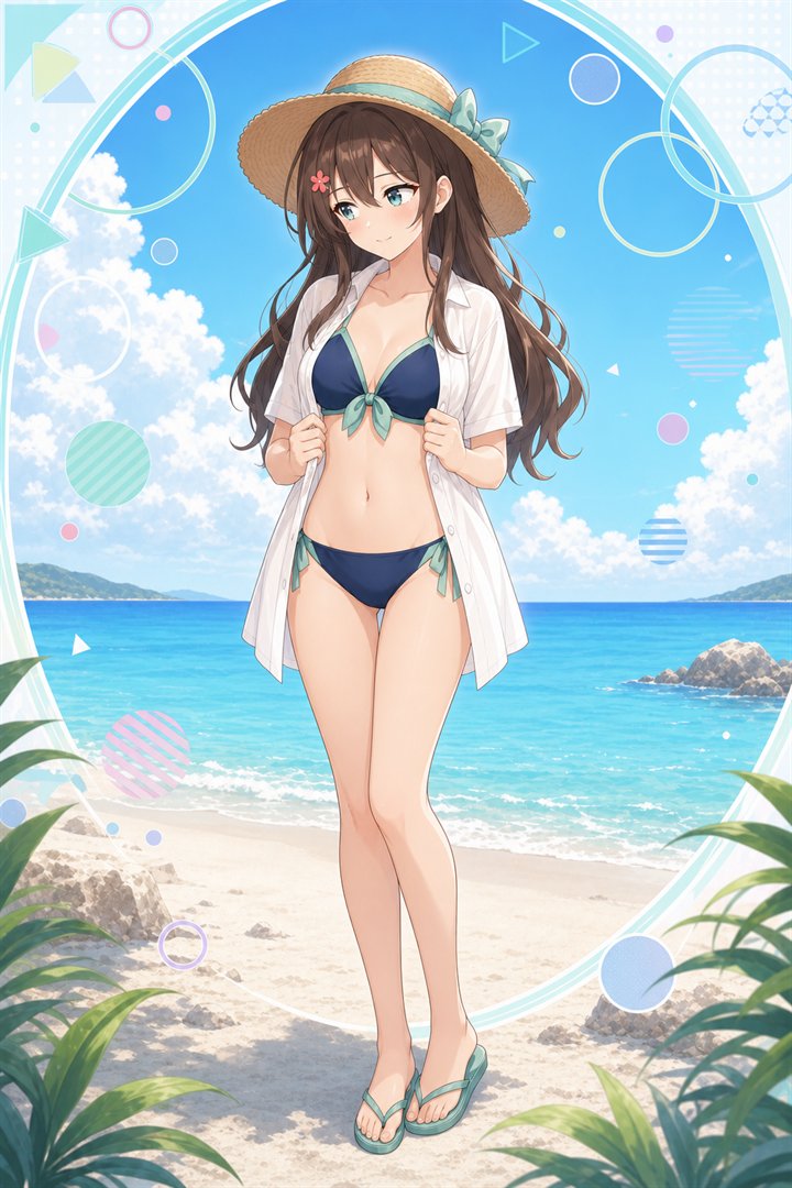 海辺で紺色の水着を着たはるか